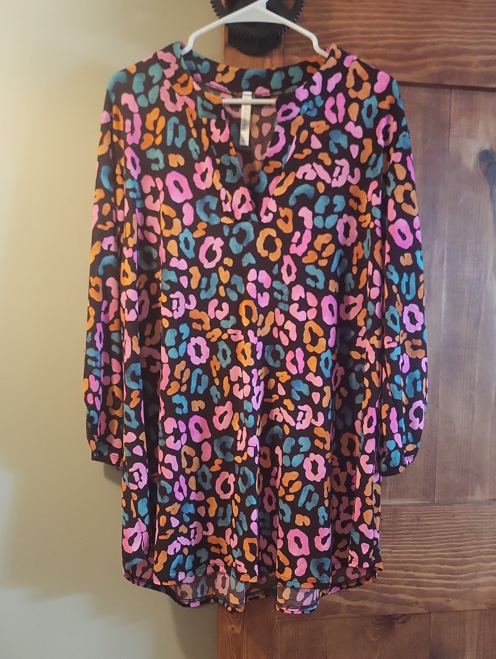 Dear Scarlett Brownish Tunic with Pink, Orange & Blue Leopard Spots